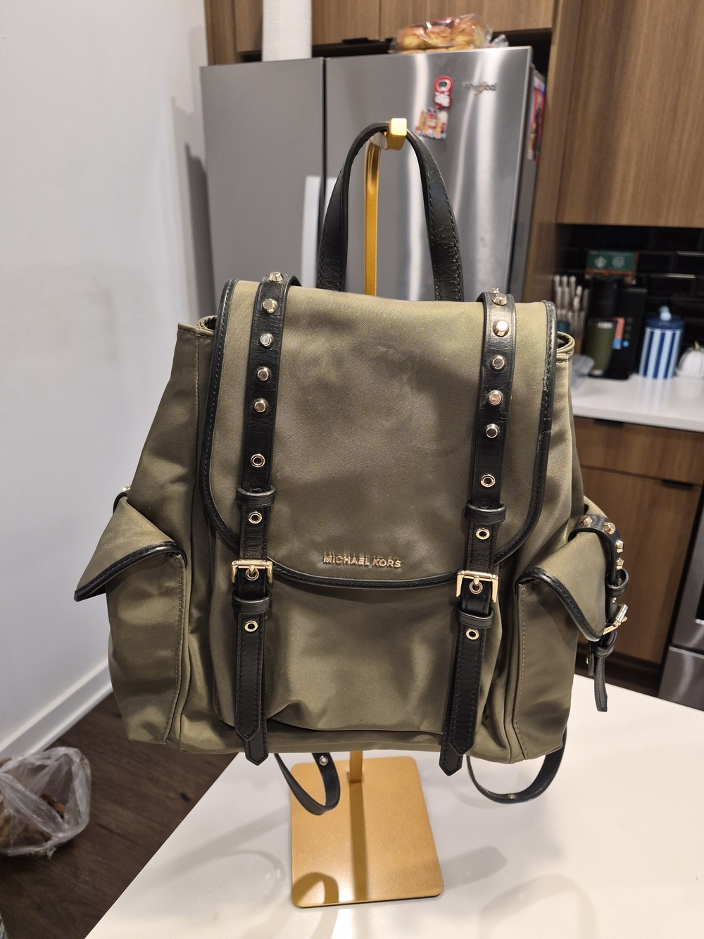 Michael Kors Olive Green Backpack with Black Trim NWT